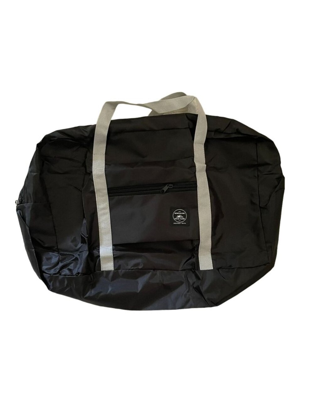 Foldable Large Black Travel Duffel Bag With Gray Straps and Front Pocket